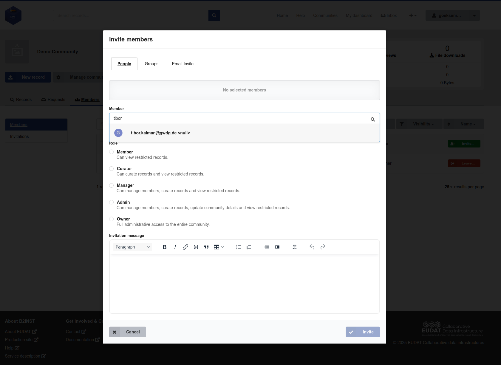 Searching for a user in the B2INST Invite members window