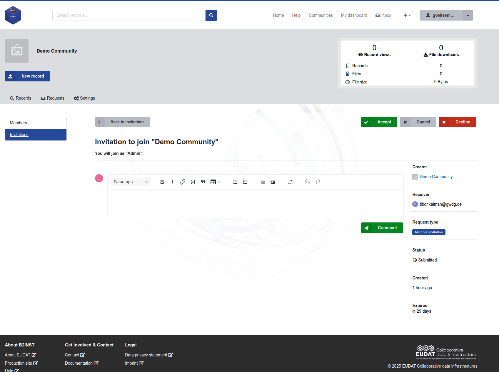 B2INST invitation details with Accept and Decline actions