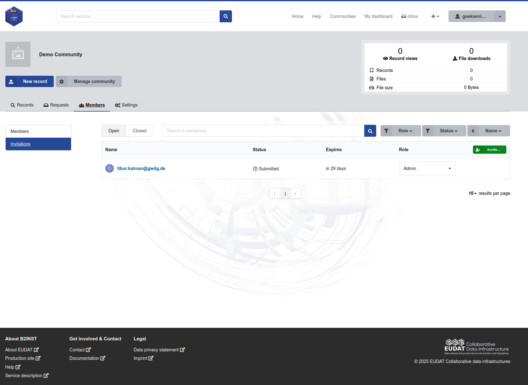 Submitted invitation in the B2INST Invitations list