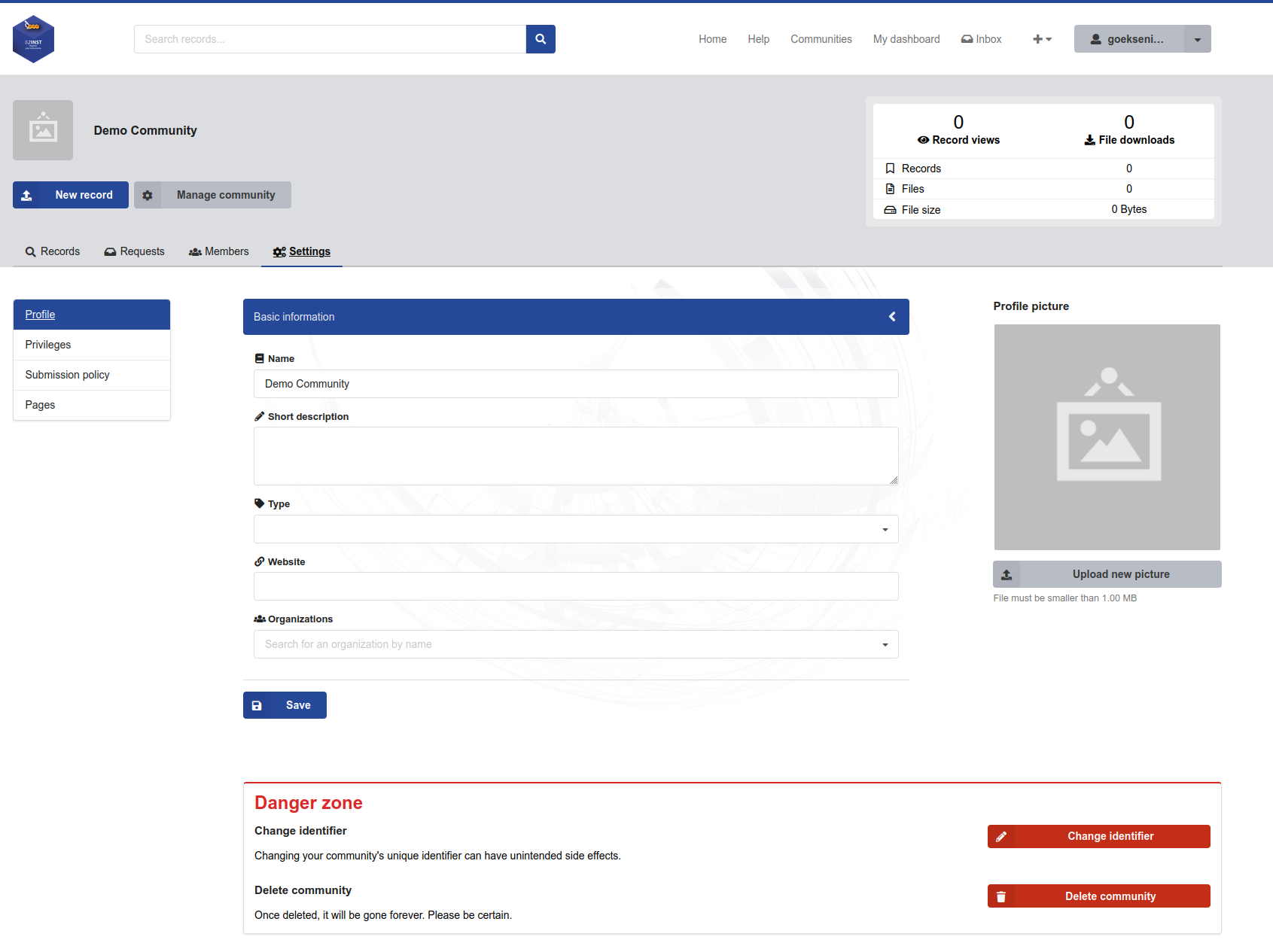 B2INST community profile settings