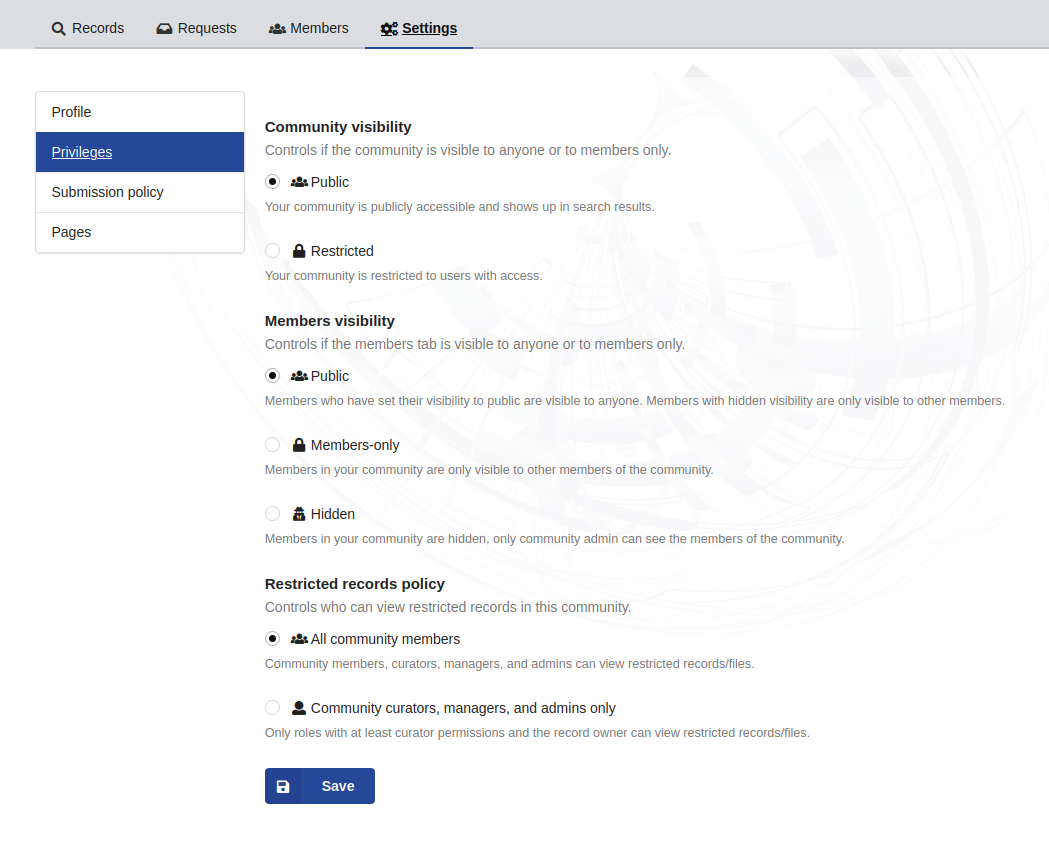 Priviledges settings menu